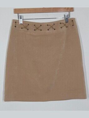 Vtg Y2K Fashion Bug Tan Mini Skirt Lace Up Grommet Waist 6P Boho Grunge Festival